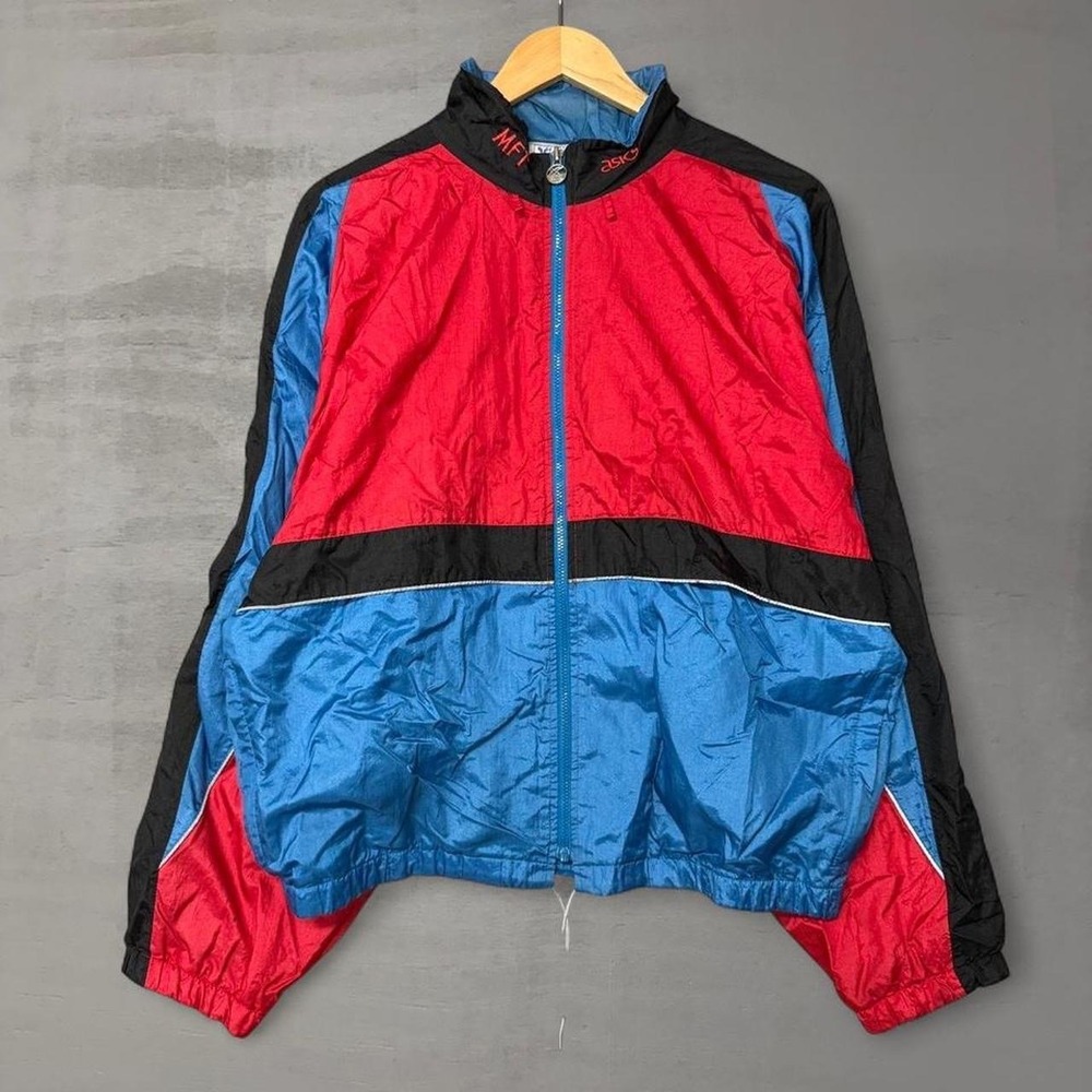 Y2K Asics Windbreaker Jacket Red‎ Blue Black Colorblock Vintage XL